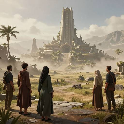 Digital fantasy artwork of five people in medieval clothing standing in a misty, grassy field, gazing at a towering, ornate temple with sp