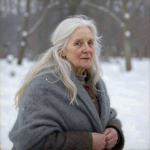 Photograph of an elderly woman with long white hair, wearing a gray wool cloak, standing in a snowy forest, looking pensively into the distance.