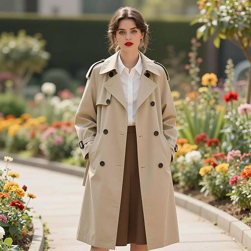 Woman in Beige Trench Coat Standing on Garden Path