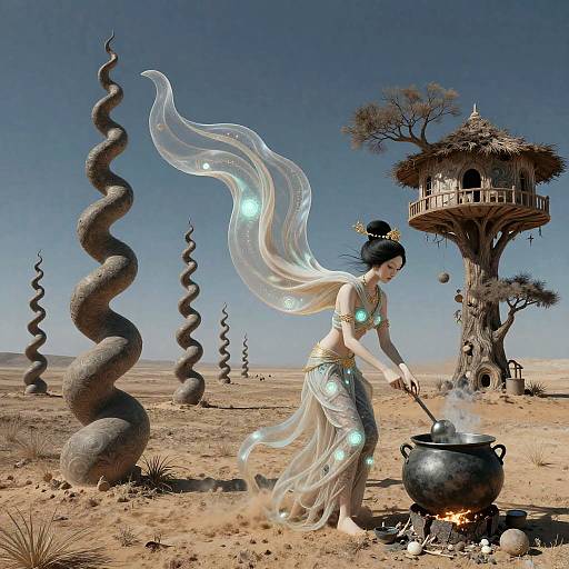 Digital artwork: Enchanted desert scene with a glowing, ethereal woman in flowing white attire, stirring a black cauldron, surrounded by twisted