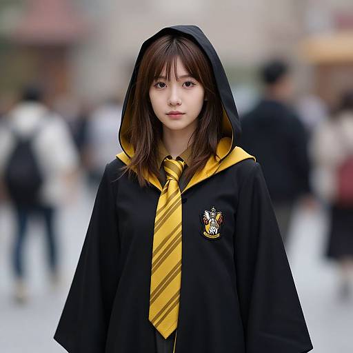 Young Asian woman with fair skin, brown hair, wearing a black Hogwarts-style robe with yellow hood and striped tie, standing in a blurred, crowded urban