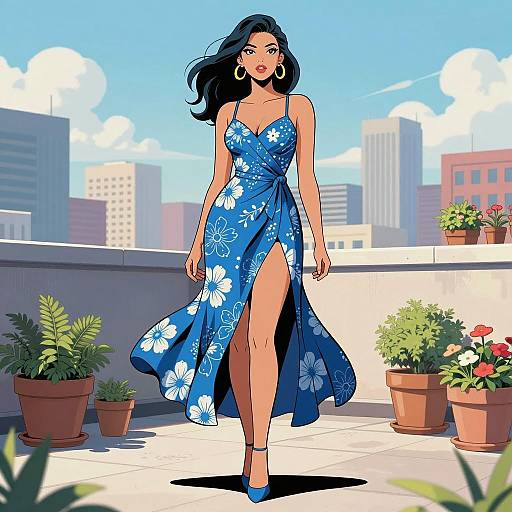Stylish Woman in Blue Floral Dress on Rooftop Terrace