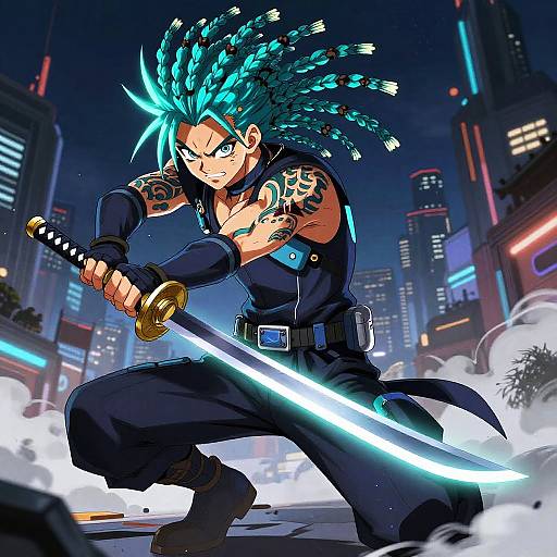 Digital anime artwork of a muscular, blue-haired warrior with glowing dreadlocks, wielding a glowing katana in a neon-lit cityscape.