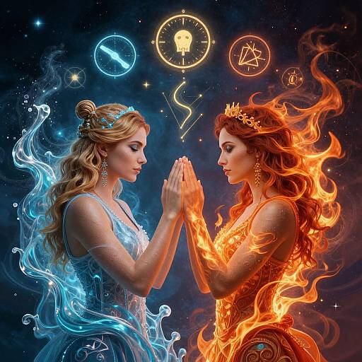 Digital art: Two ethereal women, one with blue water elements, one with orange fire elements, praying against a cosmic background with celestial symbols.