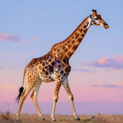 Photograph of a tall giraffe with a brown and white patterned coat, walking in a sunlit savanna at sunset. Pink and blue sky
