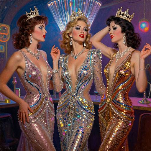Three glamorous women in sparkling, low-cut sequin dresses and gold crowns, pose confidently in a neon-lit nightclub setting. Digital art.