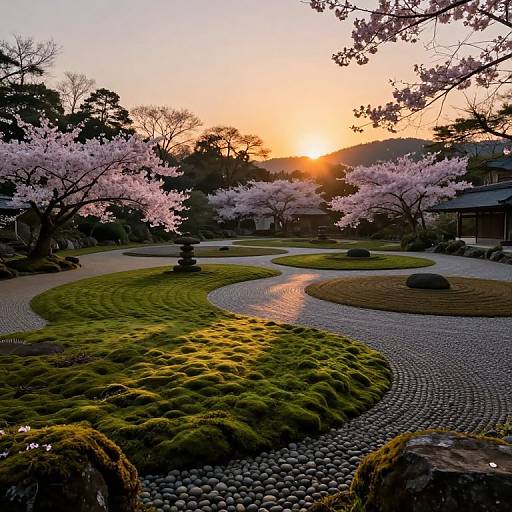 Photograph of a Japanese garden at sunset, featuring a winding stone path, moss-covered ground, cherry blossom trees, and a golden sun peeking through