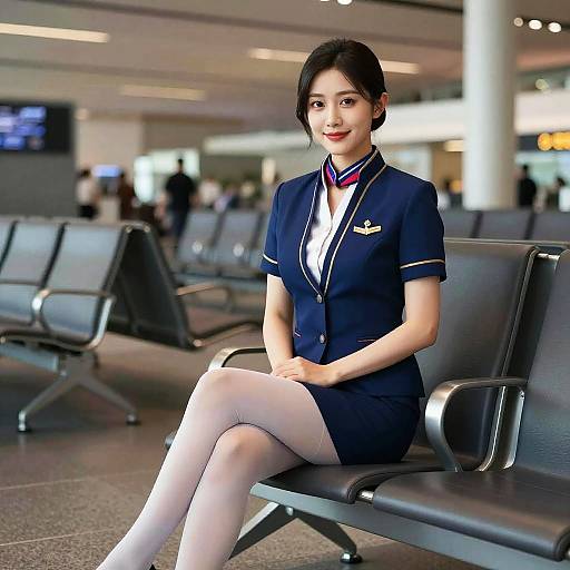 Female Flight Attendant Sitting in Airport Lounge