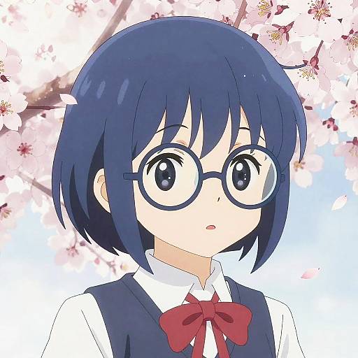 Anime-style digital drawing of a blue-haired girl with round glasses, red bowtie, and white shirt, standing in front of cherry blossoms.