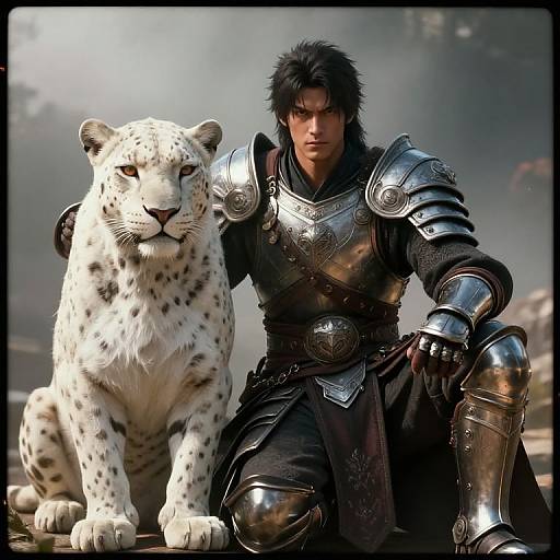Digital artwork of a muscular man in silver armor kneeling beside a white snow leopard with black spots in a misty forest.