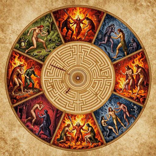 Circular medieval-style mural with intricate maze at center, surrounded by fiery scenes of mythological figures in various poses and colors.