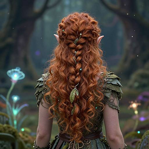 Photograph of a red-haired elf with long, braided hair, pointed ears, wearing ornate dark armor, standing in a mystical forest with glowing