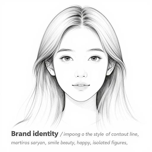 Black-and-white digital drawing of a smiling young woman with long, straight hair and delicate features, labeled 