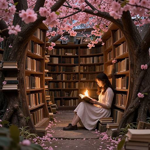 Photograph-style digital art: Woman in white dress reads by candlelight in cherry blossom archway, surrounded by wooden bookshelves filled with books.