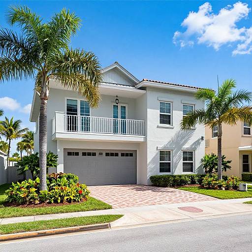 Photograph of a modern, two-story white house with a balcony, palm trees, and a red-tiled driveway under a bright blue sky.
