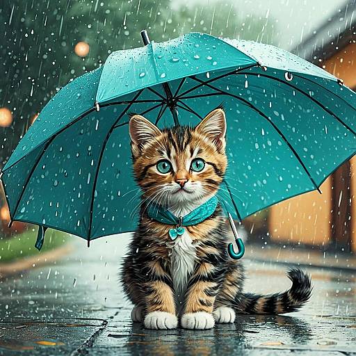 Playful Kitten Under Turquoise Umbrella