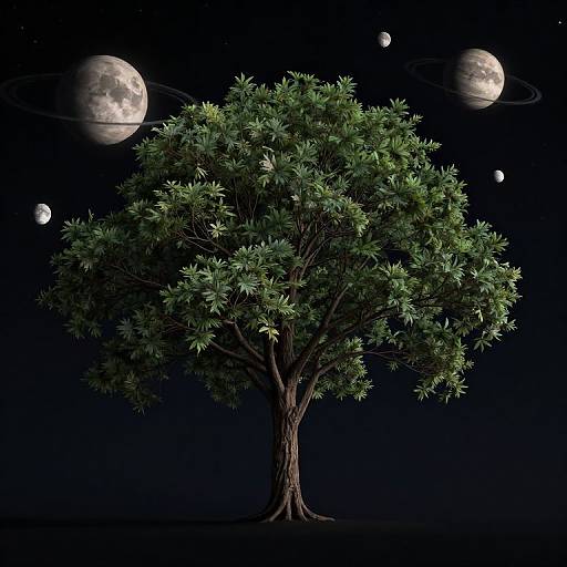 Digital artwork of a lush green tree with intricate leaves, centered against a dark night sky featuring three large planets and several smaller moons.