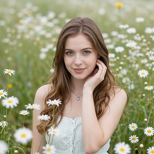 Photograph of a young, fair-skinned woman with long brown hair, blue eyes, wearing a white strapless top, smiling in a field of