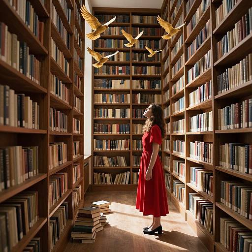 Photograph of a woman in a red dress standing in a sunlit library, surrounded by wooden bookshelves, with three golden birds flying overhead.