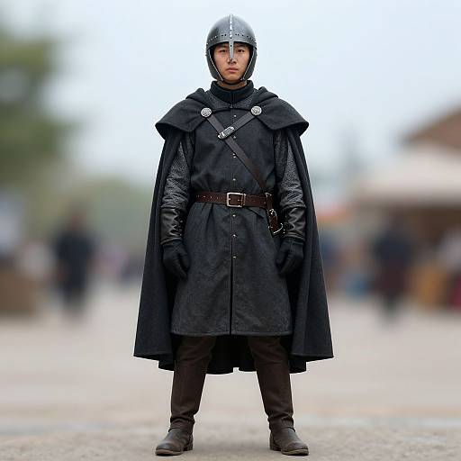Photograph of a young man in medieval armor, black leather tunic, silver helmet, standing confidently in a blurred outdoor marketplace.