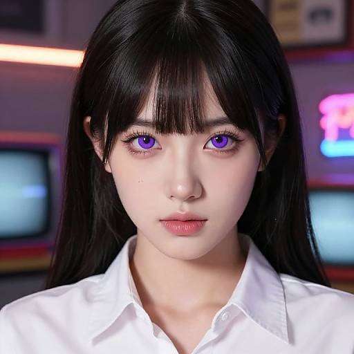 Digital anime-style portrait of a young Asian woman with long black hair, purple eyes, and fair skin, wearing a white shirt, against a blurred neon