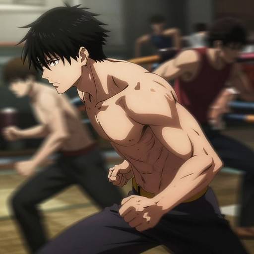 Digital anime-style drawing of a muscular, shirtless young man with black hair and blue eyes, fighting in a dimly lit martial arts gym with blurred