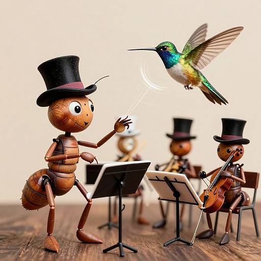 Photograph of whimsical wooden ants in top hats playing instruments, with a colorful hummingbird hovering, against a white background.