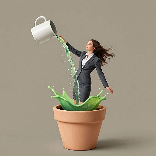 Photograph of a woman in a black suit pouring green liquid from a white pitcher into a large terracotta pot, with liquid splashing out.
