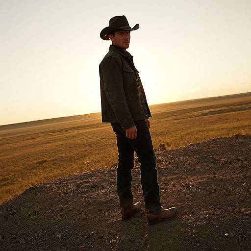 Photograph of a man in a black cowboy hat, jacket, and jeans standing on a sunlit road, with a golden field at sunset in the