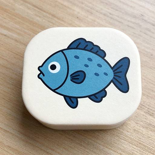 Colorful cartoon fish on a white, rounded button, with blue fins, spots, and tail, set on a wooden surface. Digital drawing.