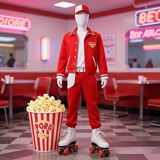 Photorealistic CGI of a faceless mannequin in a red and white retro diner outfit, roller skates, and holding a popcorn bucket.