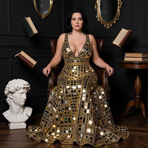 Photograph of a curvy woman with dark hair in a deep V-neck, gold sequin gown, seated on a leather chair, surrounded by floating