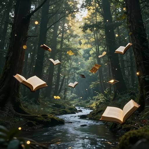 Photorealistic digital artwork of glowing, floating open books in a mystical forest with a sunlight-dappled stream, surrounded by enchanted fireflies.
