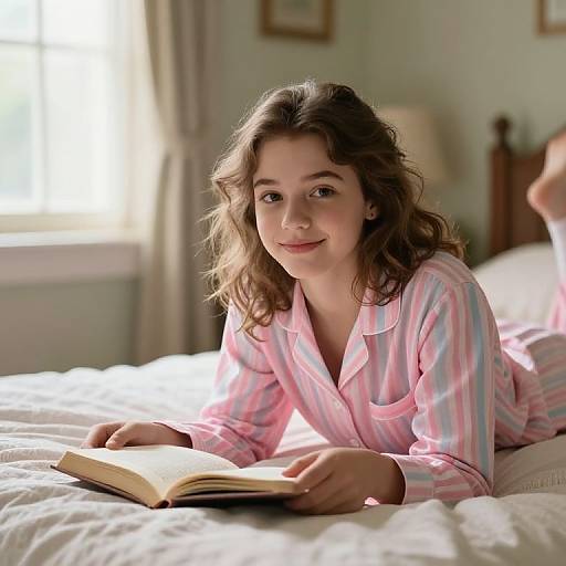 Photograph of a young white woman with wavy brown hair, wearing pink and white striped pajamas, lying on a bed reading a book in a