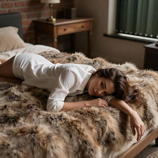 Woman Reclining on Rustic Fur Bed