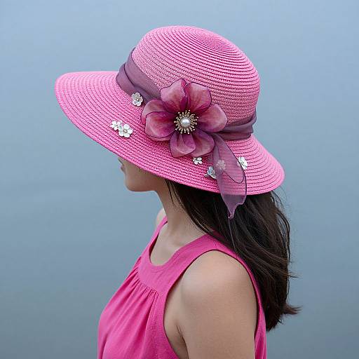 Photograph of a woman in profile wearing a pink straw hat adorned with a large pink flower and small white flowers, paired with a pink sleeveless top
