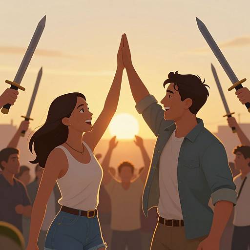 Digital illustration of a smiling couple high-fiving at sunset, surrounded by people holding knives, wearing casual clothes, with warm orange glow.