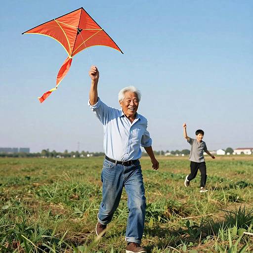 Joyful Elderly Man Flying Kite