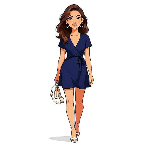 Digital illustration of a confident woman with long brown hair, wearing a navy blue wrap dress, white heels, holding a white handbag, and large hoop