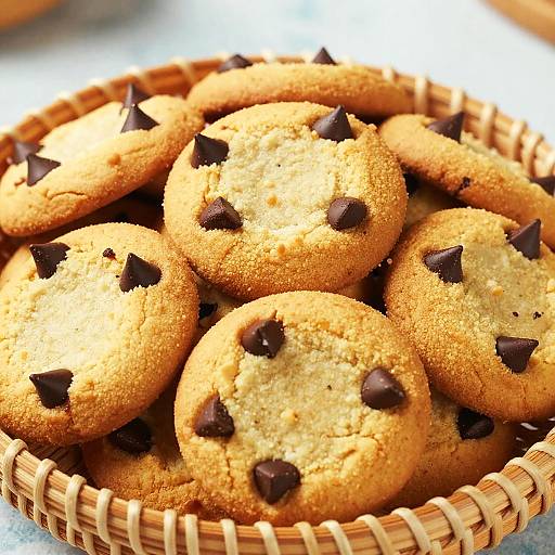 Photograph of a wicker basket filled with golden-brown cookies topped with dark chocolate spikes, arranged closely together.