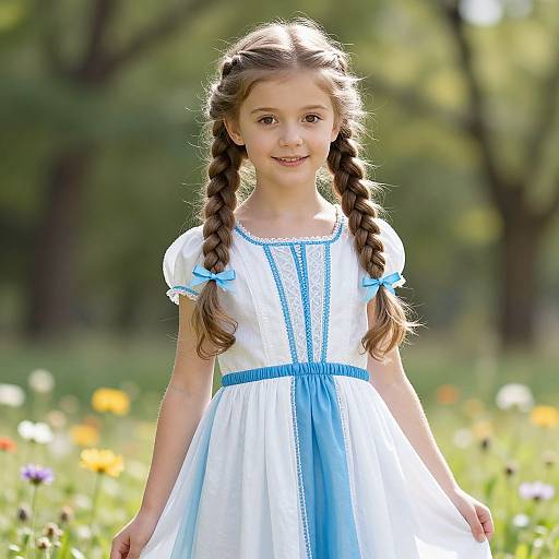 Young Girl in White and Blue Dress with Braids