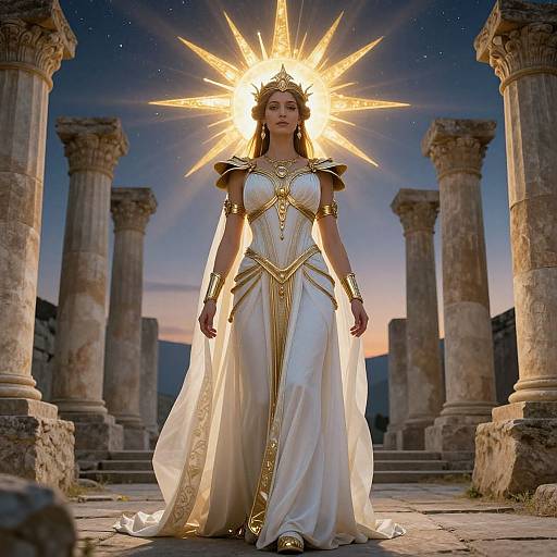 Celestial Goddess Solara in Sunlit Ruins