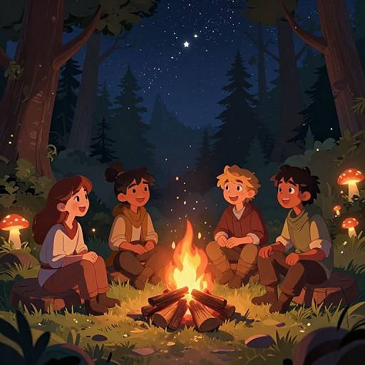 Four children sit around a campfire in a moonlit forest, surrounded by glowing mushrooms and tall trees, under a starry night sky. Digital illustration