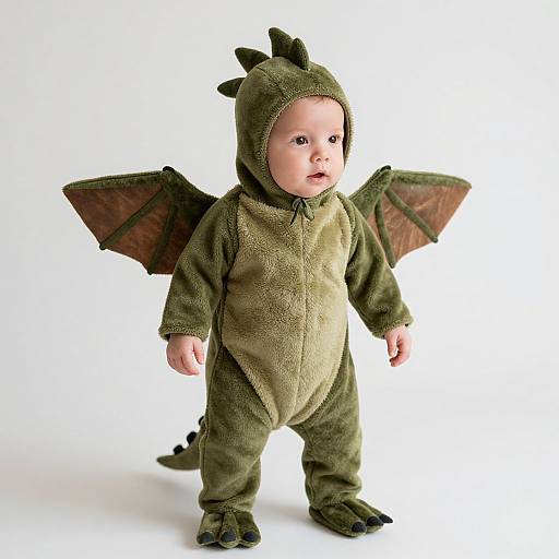 Photograph of a baby in a green, plush dragon onesie with small wings, spiked hood, and tail, standing against a white background.