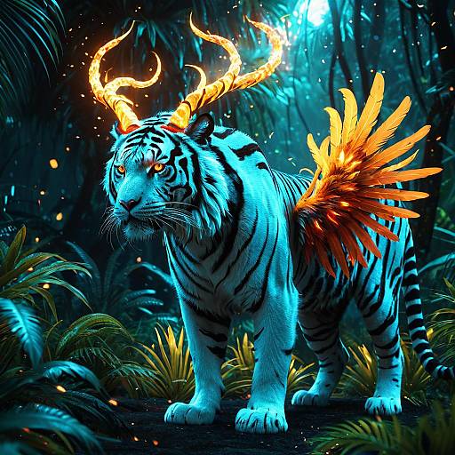 Bioluminescent Phoenix-Tiger Hybrid in Cosmic Jungle