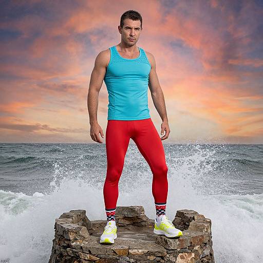 Muscular man in blue tank top and red leggings stands on rocky ocean pier at sunset, waves crashing behind, wearing yellow sneakers.