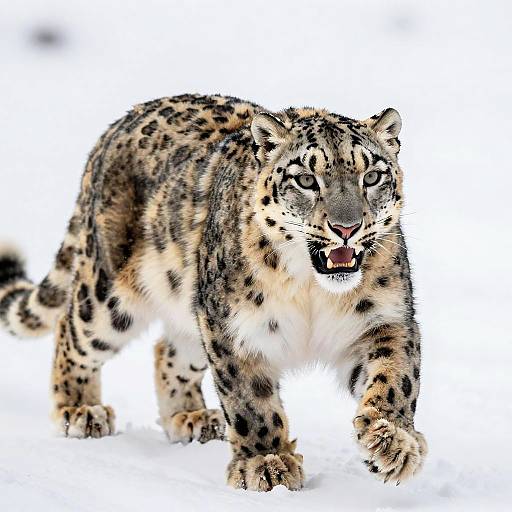 Photograph of a fierce snow leopard with striking black spots, white fur, and open mouth, walking across a snowy landscape.