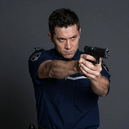 Intense Man Aiming Handgun in Uniform