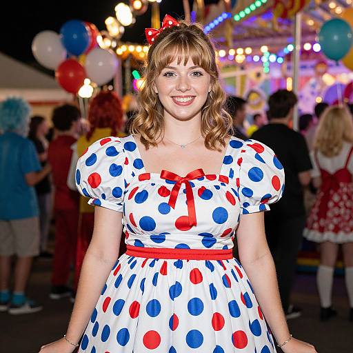 Photograph of a smiling woman with wavy brown hair, wearing a white polka dot dress with red and blue dots, red bow, and red
