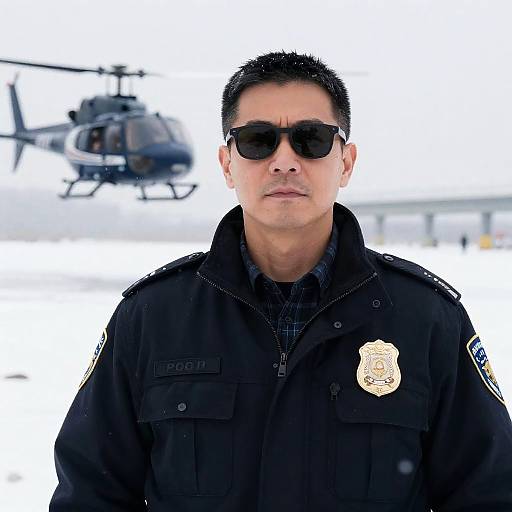 Serious Policeman in Snowy Landscape